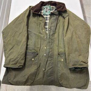Vintage Waxed Cotton Field Jacket Olive Green Plaid Lined Corduroy Collar L